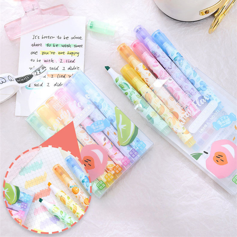 Highlighter Set Pastel - クリエイティブフルーツの香りの蛍光ペンソフトチップペン、スタンプ付き、DIYジャーナリング、学生のメモ取り、ハイライトとマーキング用