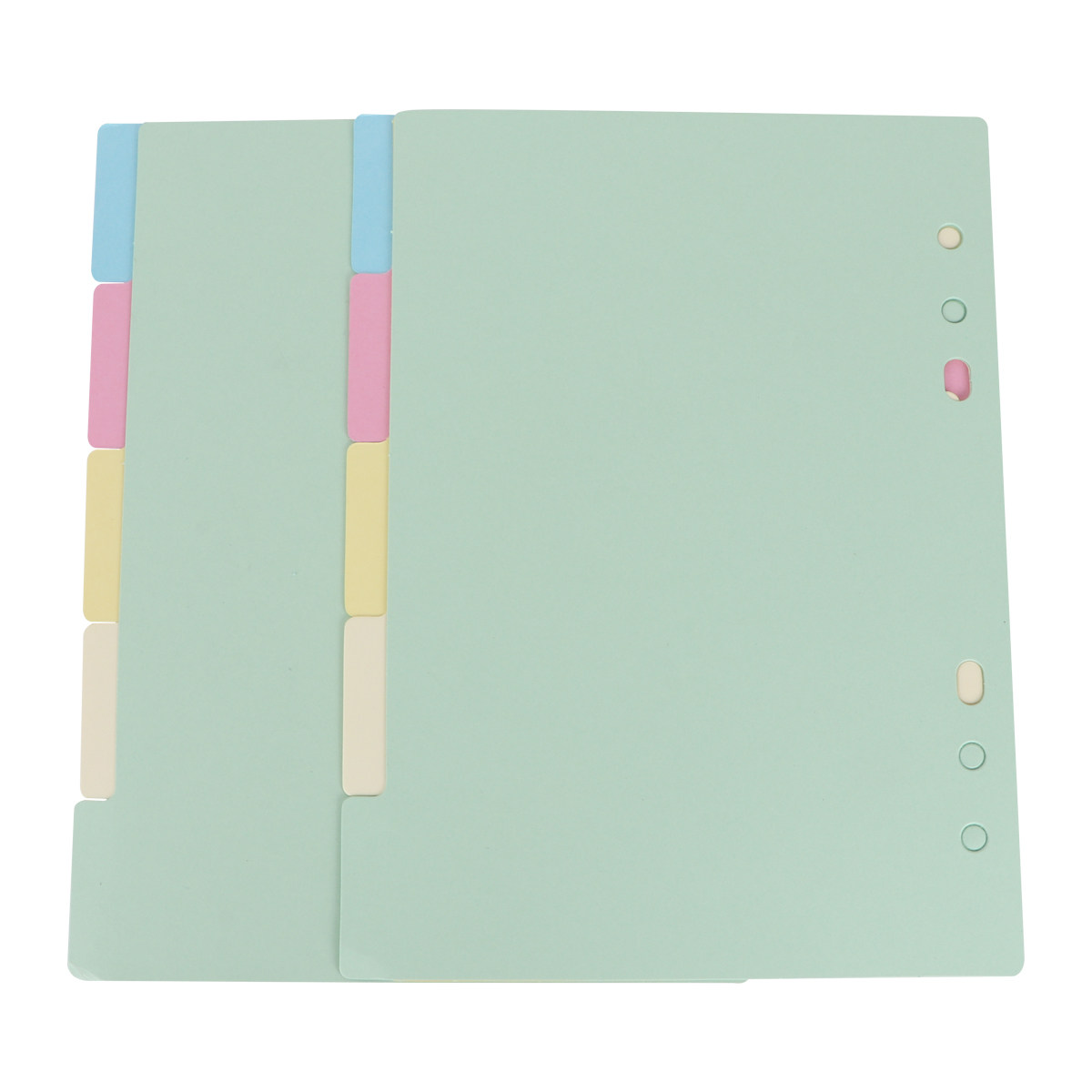 Index Tab Divider - A5サイズのタブ付き仕切り紙1セット。5色展開。幅広のタブで、バインダー用の6穴を強化。整理用シートやノートに最適。