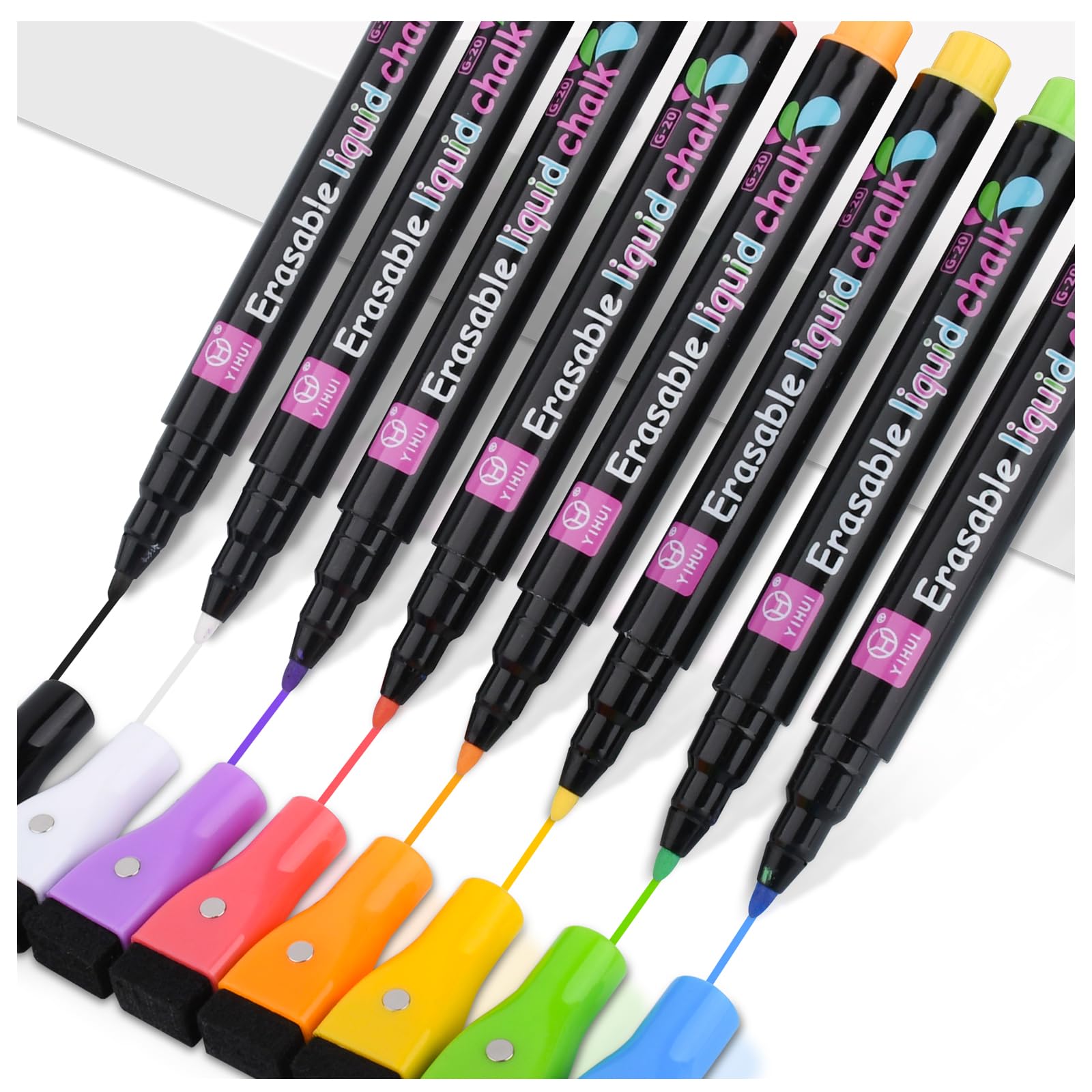 Whiteboard Marker Set - 磁気ドライイレースホワイトボードマーカー,消しゴム付き消去可能ペン,ガラスリキッドチョーク用LED蛍光ペン,8色