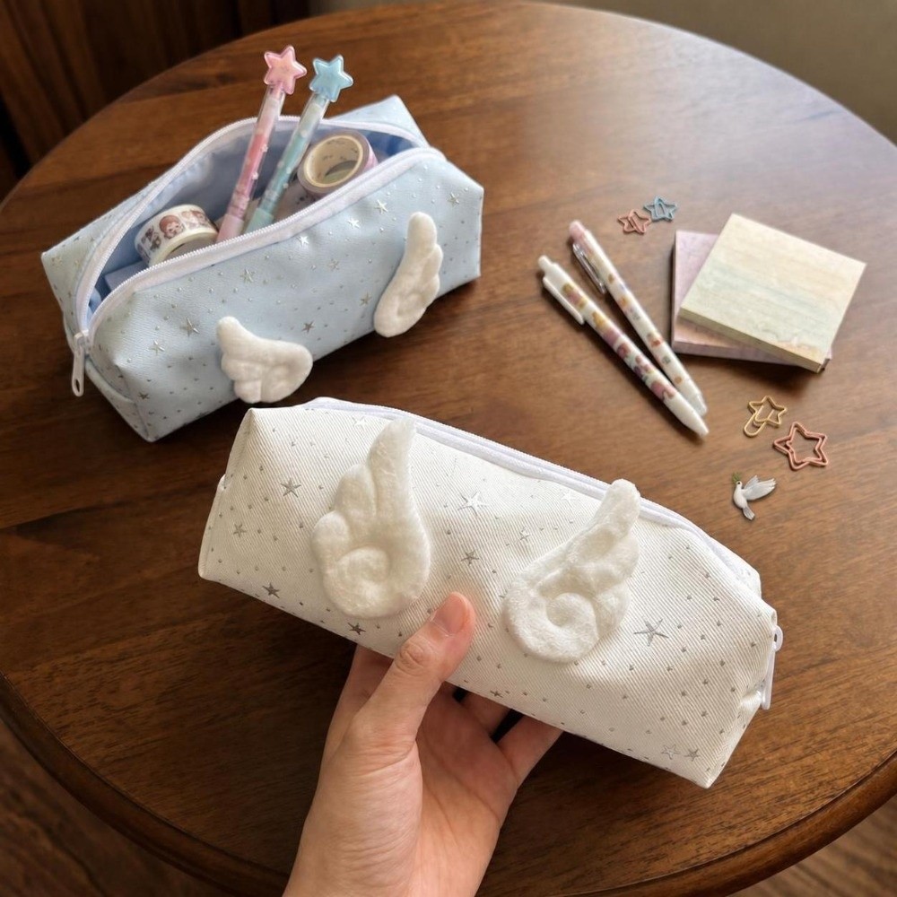 Pen Pouch Roll - インスタ風スタープリントペンケース 翼の装飾付き 大容量ペンバッグ 文房具ポーチ 新学期に