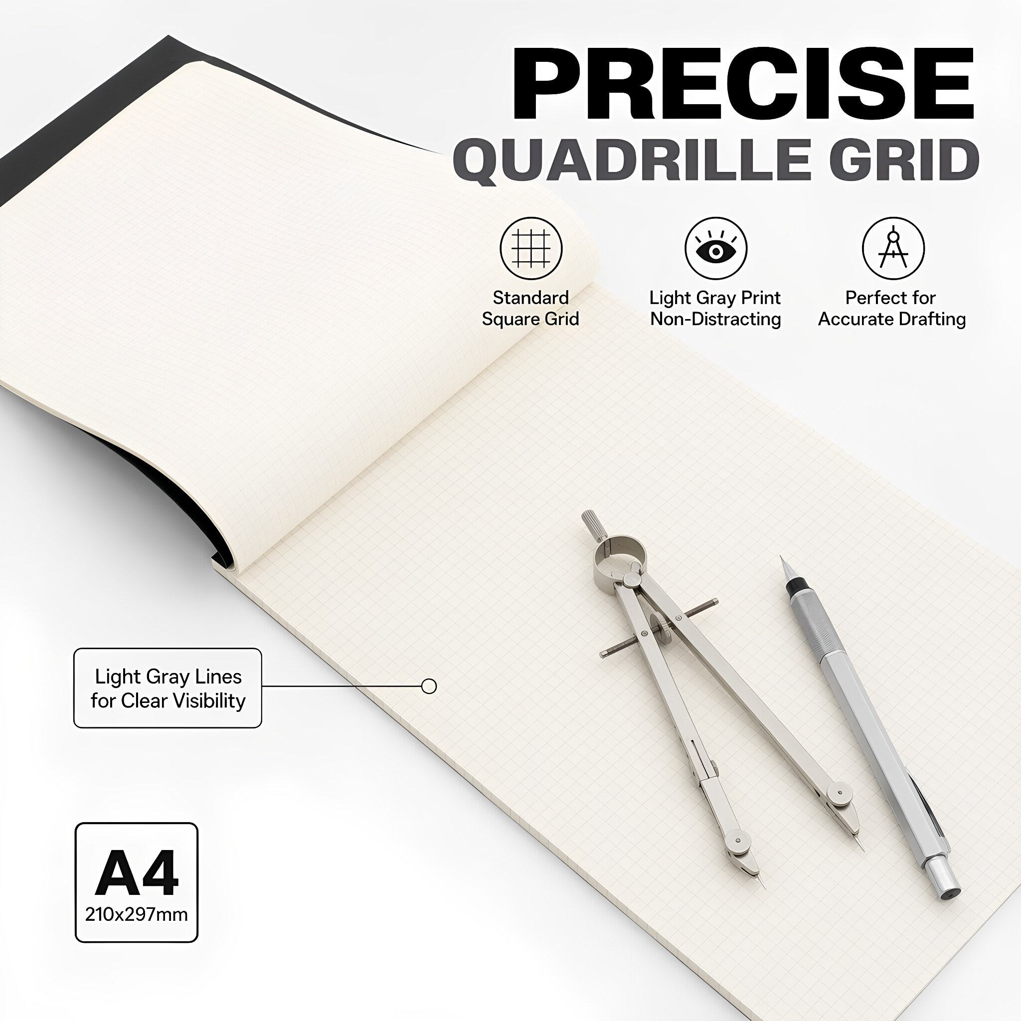 80枚入りA4サイズのグラフ用紙パッド。四角罫線入りで、技術 - Graph Paper Pad のレビューと価格
