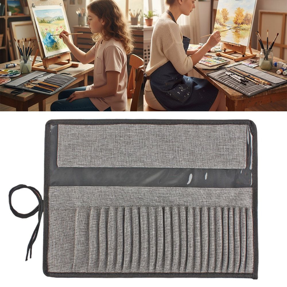 多機能キャンバス製絵筆収納ポーチ グレー 24穴 ロールアッ - Pen Pouch Roll のレビューと価格